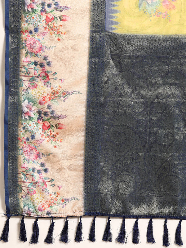 Olive Kanjeevaram Silk Floral Digital Print Saree with Blouse