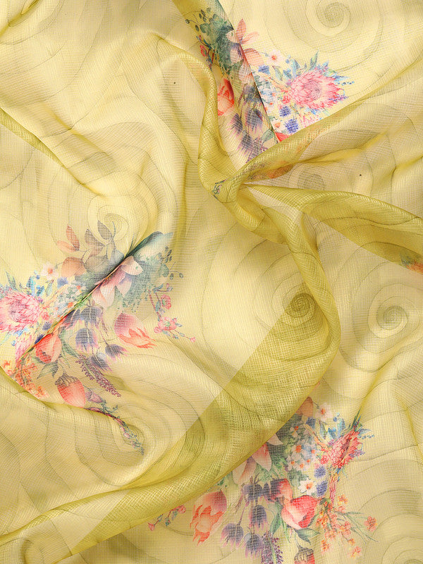 Olive Kanjeevaram Silk Floral Digital Print Saree with Blouse