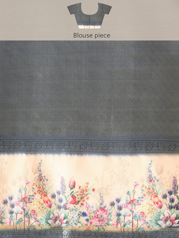 Olive Kanjeevaram Silk Floral Digital Print Saree with Blouse