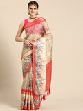 Peach colored Kanjeevaram silk saree with digital floral print design