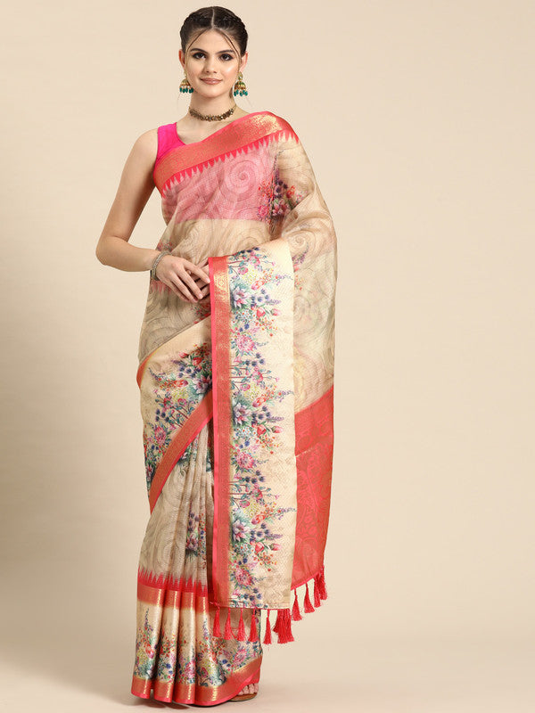 Peach colored Kanjeevaram silk saree with digital floral print design