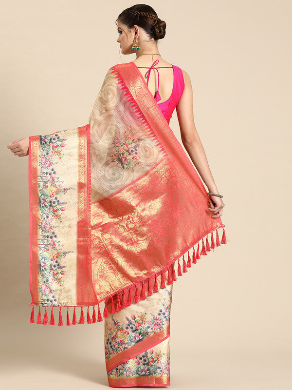 Peach Kanjeevaram Silk Floral Digital Print Saree and Blouse