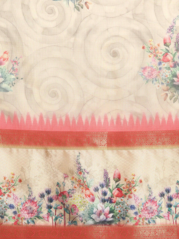 Peach Kanjeevaram Silk Floral Digital Print Saree and Blouse