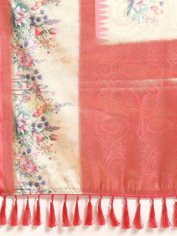 Peach Kanjeevaram Silk Floral Digital Print Saree and Blouse