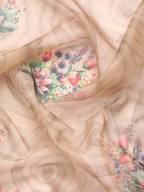 Peach Kanjeevaram Silk Floral Digital Print Saree and Blouse