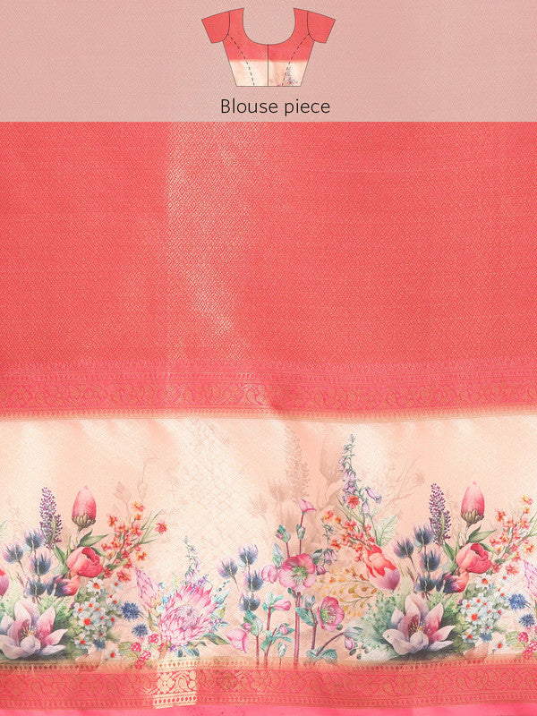 Peach Kanjeevaram Silk Floral Digital Print Saree and Blouse