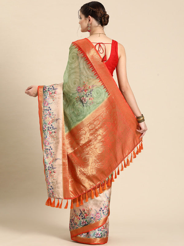 Green Kanjeevaram Silk Saree with Digital Floral Print & Blouse