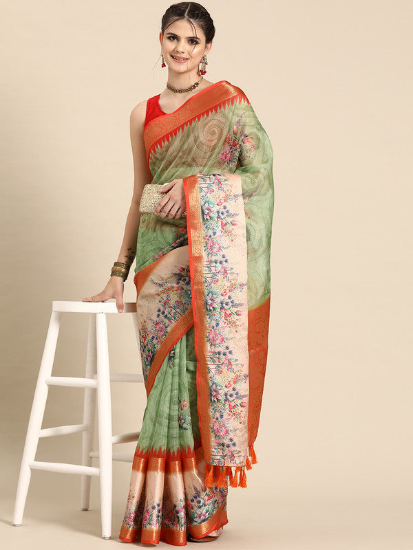 Green Kanjeevaram silk saree with digital floral print and unstitched blouse piece