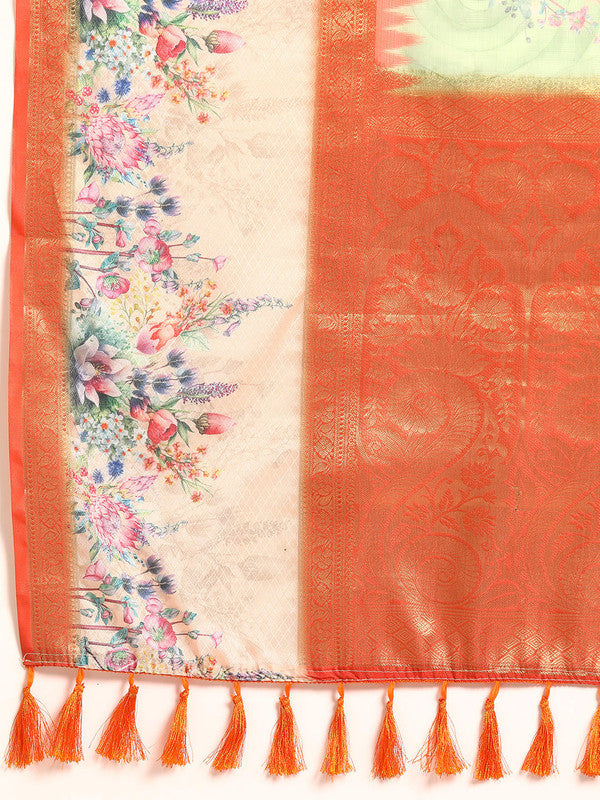 Green Kanjeevaram Silk Saree with Digital Floral Print & Blouse