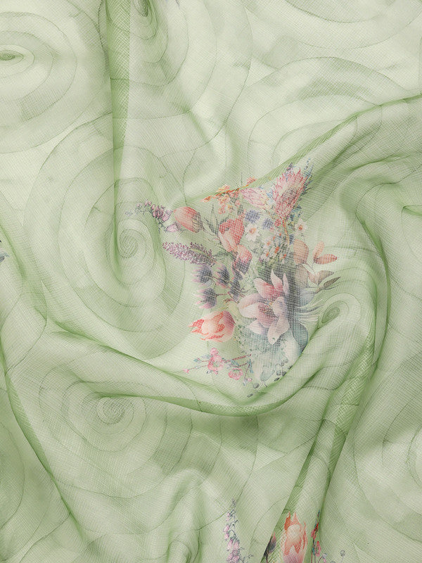 Green Kanjeevaram Silk Saree with Digital Floral Print & Blouse