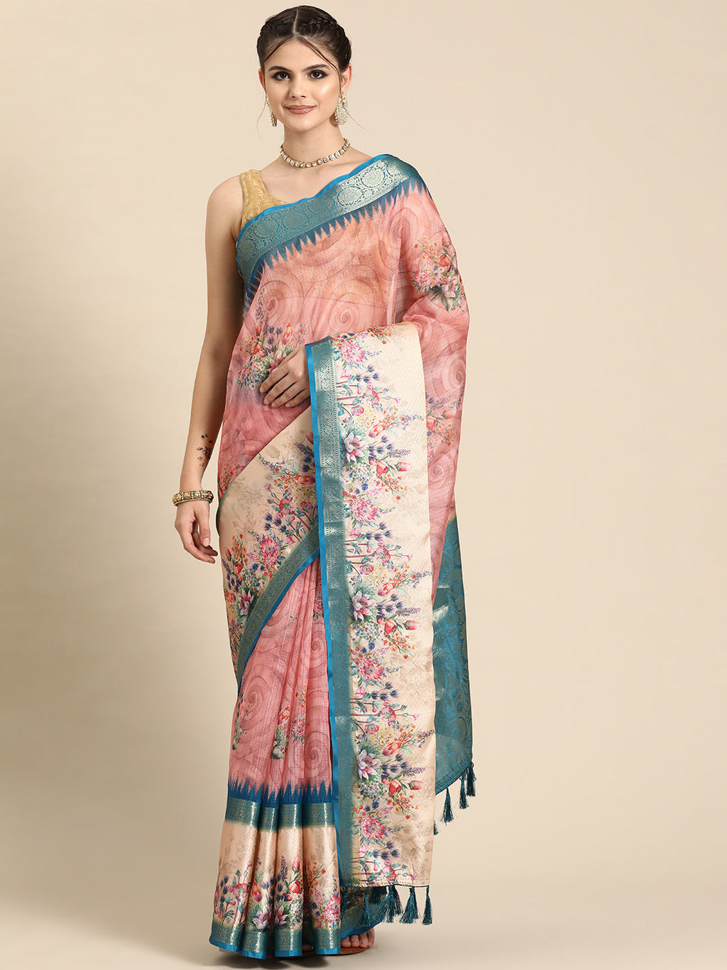 Pink Kanjeevaram silk saree with vibrant digital floral print