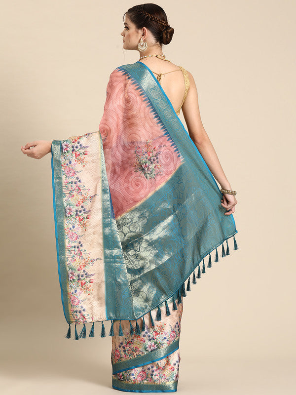 Pink Kanjeevaram Silk Floral Digital Print Saree and Blouse