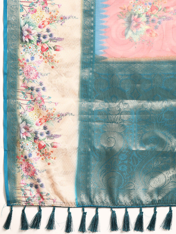 Pink Kanjeevaram Silk Floral Digital Print Saree and Blouse