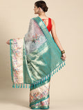 Turquoise Kanjeevaram Silk Saree with Digital Floral Print