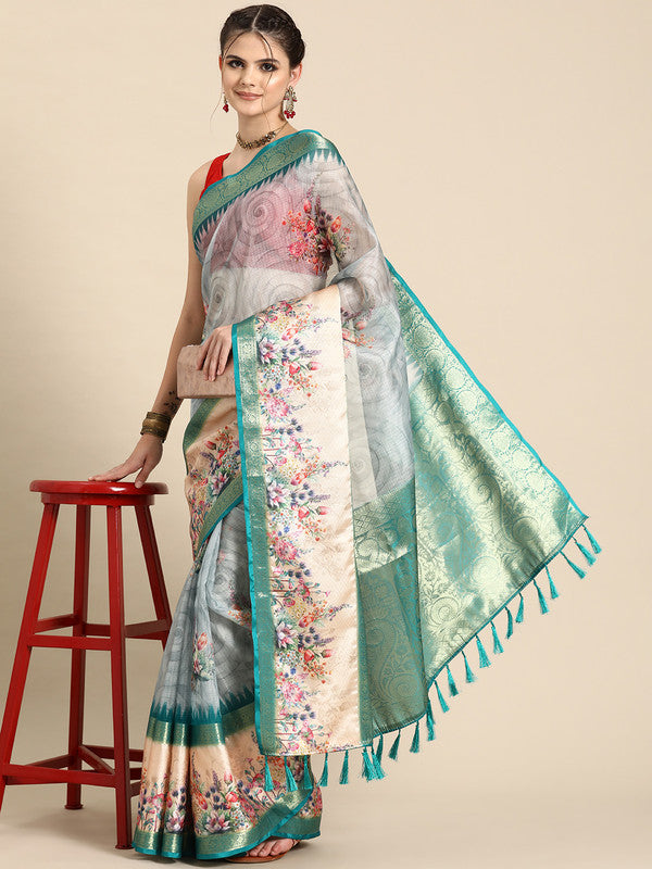 Turquoise Kanjeevaram silk saree with digital floral print and unstitched blouse