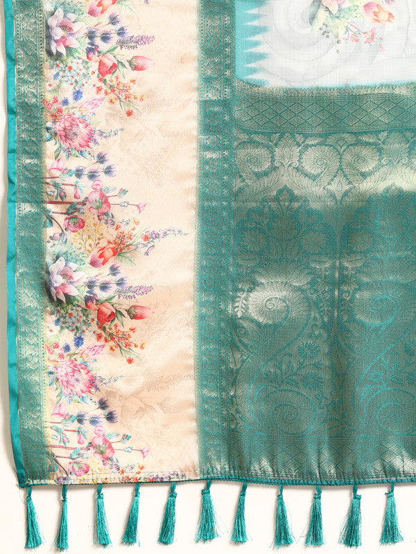 Turquoise Kanjeevaram Silk Saree with Digital Floral Print