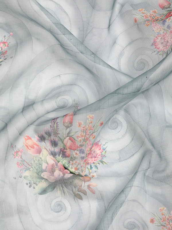 Turquoise Kanjeevaram Silk Saree with Digital Floral Print