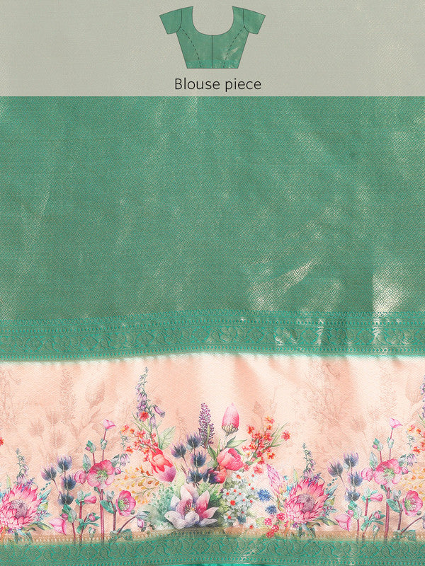 Turquoise Kanjeevaram Silk Saree with Digital Floral Print