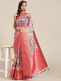 White art silk saree with colorful floral digital prints and matching blouse