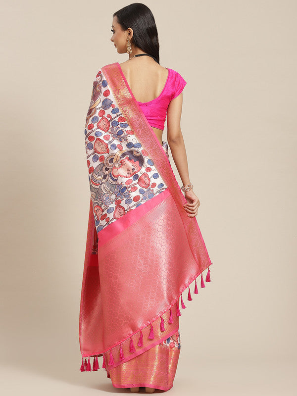 White Art Silk Floral Digital Print Saree with Blouse Piece