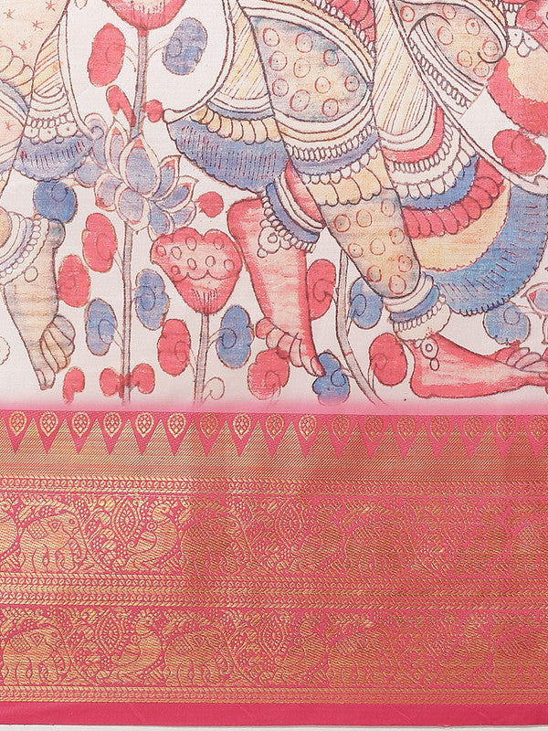 White Art Silk Floral Digital Print Saree with Blouse Piece