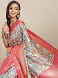 Multicolor Art Silk digital print floral saree with pink borders on an off-white base