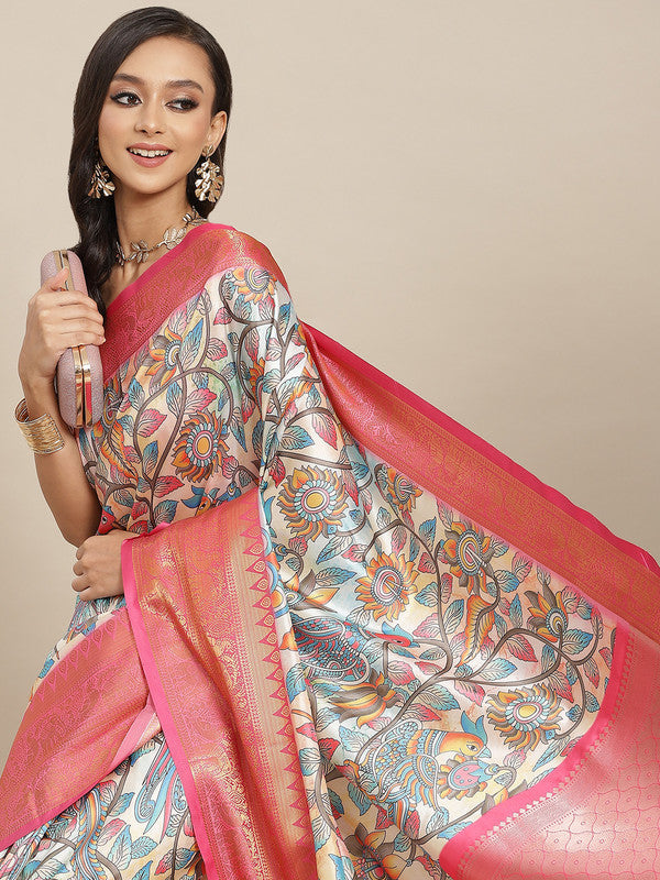 Multicolor Art Silk digital print floral saree with pink borders on an off-white base