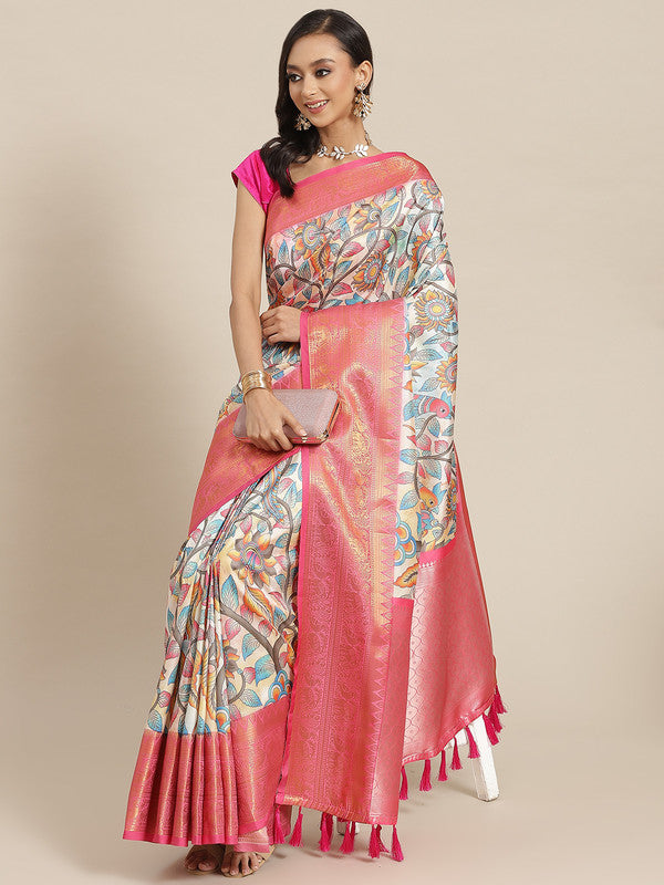 Multicolor Floral Digital Print Art Silk Saree with Unstitched Blouse