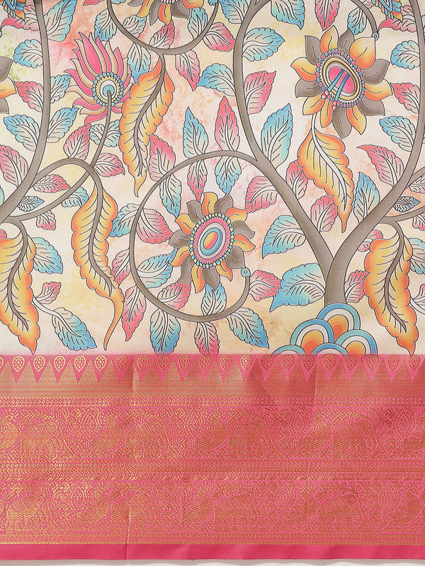 Multicolor Floral Digital Print Art Silk Saree with Unstitched Blouse