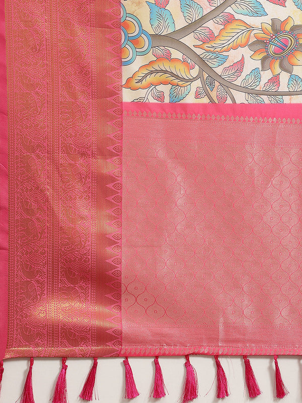 Multicolor Floral Digital Print Art Silk Saree with Unstitched Blouse