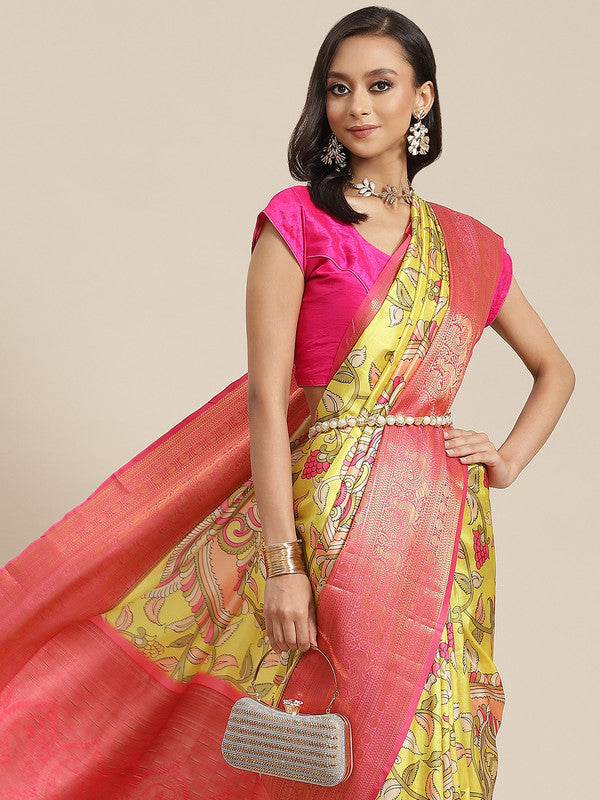 Green Art Silk saree with floral digital print and matching unstitched blouse piece