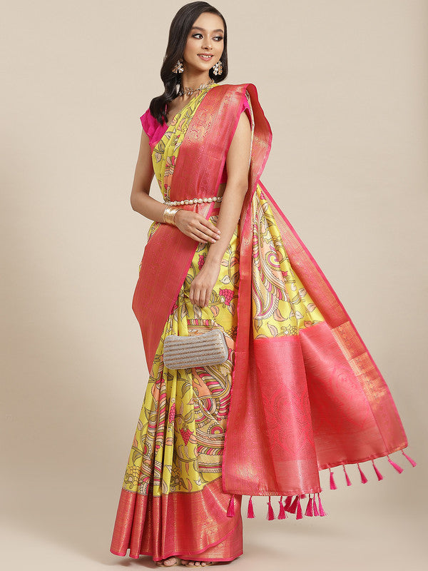 Green Art Silk Digital Print Floral Saree with Unstitched Blouse