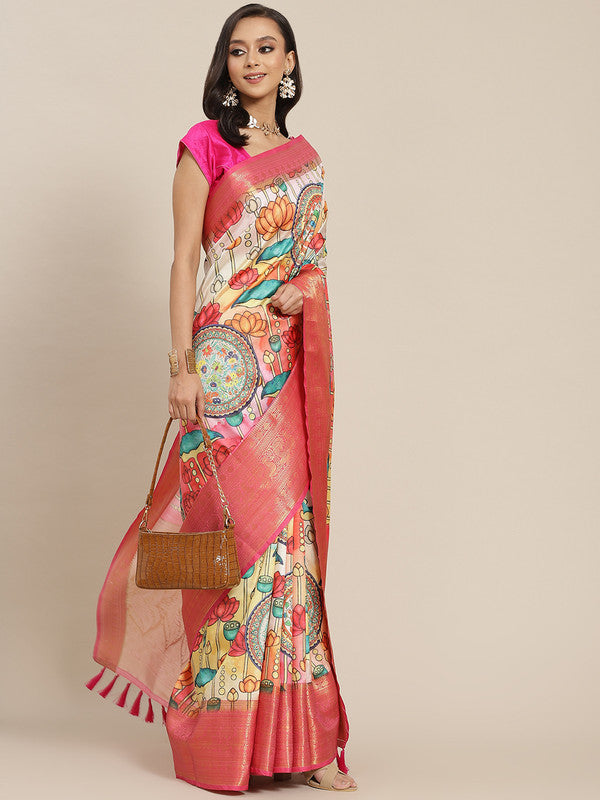 Off White Art Silk saree with vibrant digital floral print and matching unstitched blouse piece