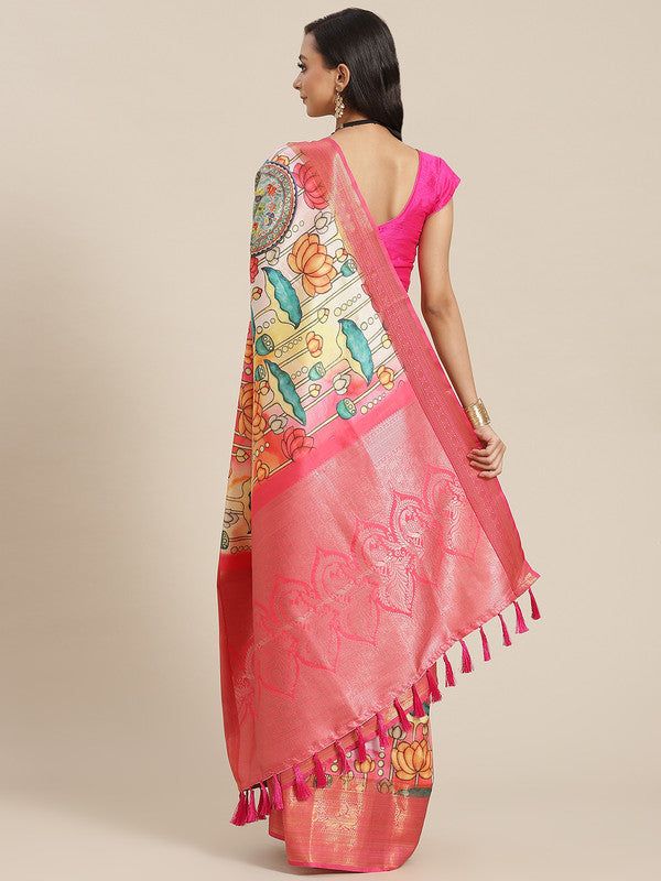 Off White Art Silk Saree with Digital Floral Print & Blouse