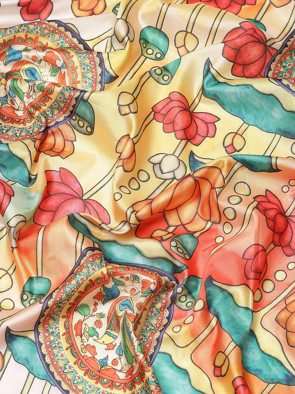 Off White Art Silk Saree with Digital Floral Print & Blouse