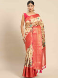 Beige art silk saree featuring intricate Kalamkari digital prints with unstitched blouse