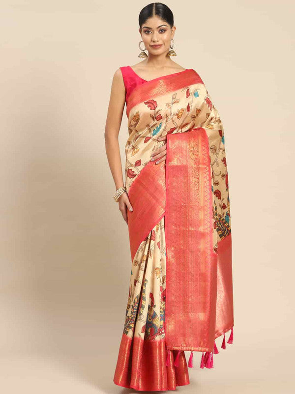 Beige art silk saree featuring intricate Kalamkari digital prints with unstitched blouse