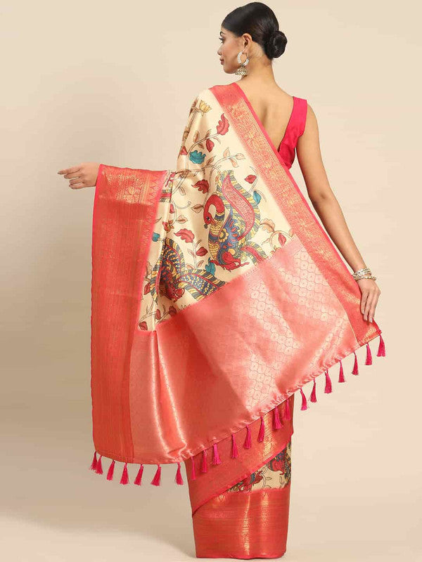 Beige Art Silk Printed Kalamkari Saree with Unstitched Blouse