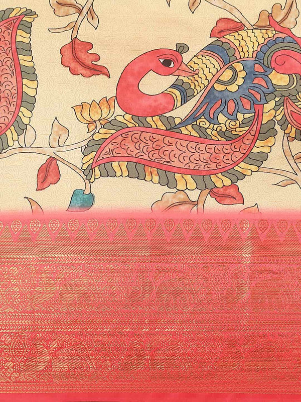 Beige Art Silk Printed Kalamkari Saree with Unstitched Blouse
