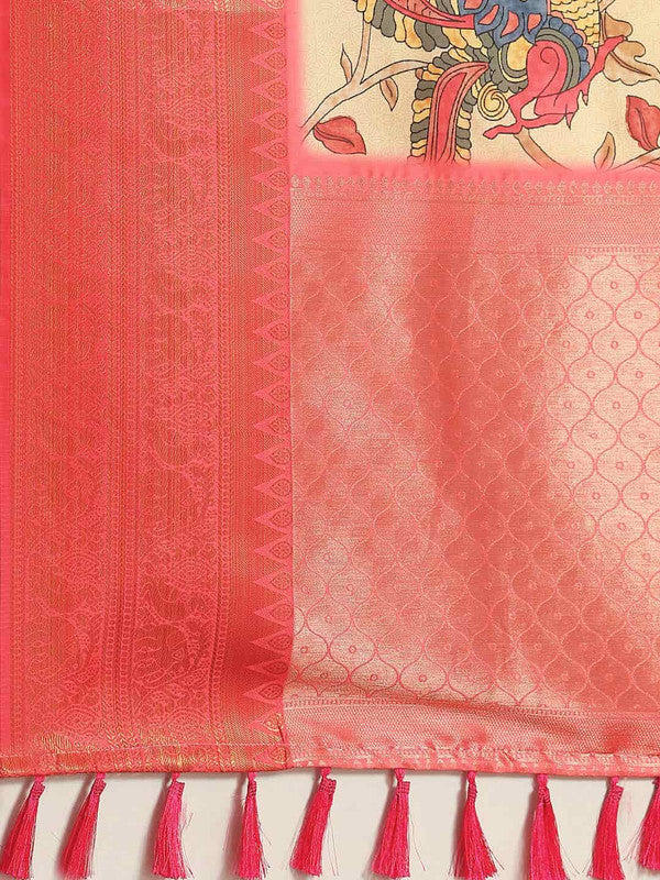 Beige Art Silk Printed Kalamkari Saree with Unstitched Blouse