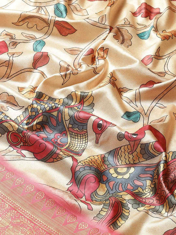 Beige Art Silk Printed Kalamkari Saree with Unstitched Blouse