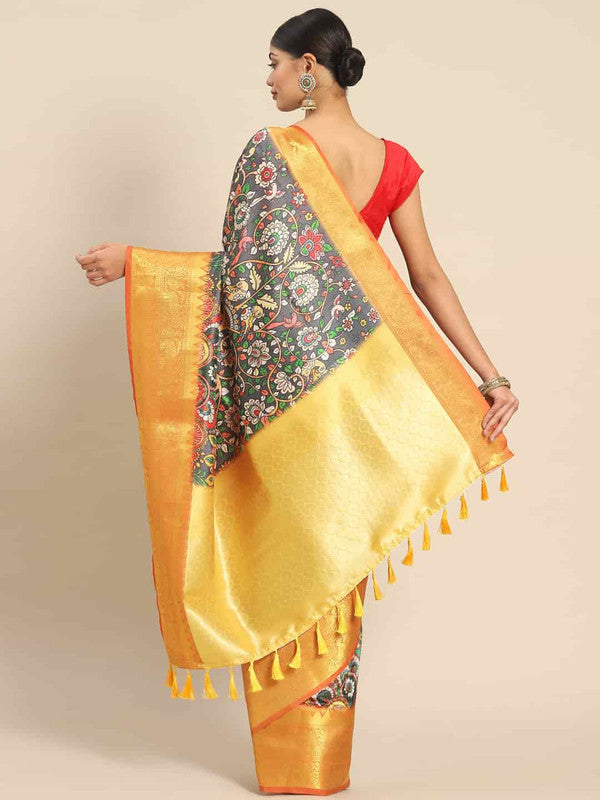 Black Art Silk Printed Kalamkari Saree with Unstitched Blouse - Hiral Fashion