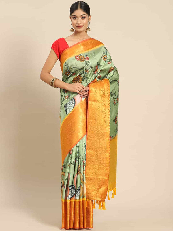 Green art silk saree with traditional Kalamkari print and unstitched blouse