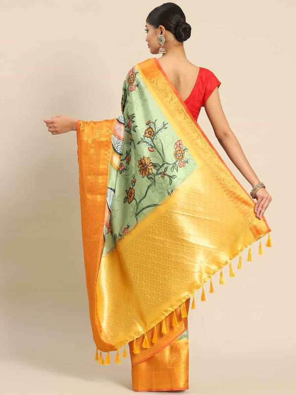 Green Kalamkari Printed Art Silk Saree with Unstitched Blouse
