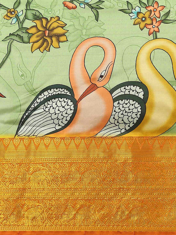 Green Kalamkari Printed Art Silk Saree with Unstitched Blouse