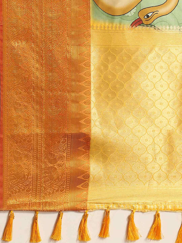 Green Kalamkari Printed Art Silk Saree with Unstitched Blouse
