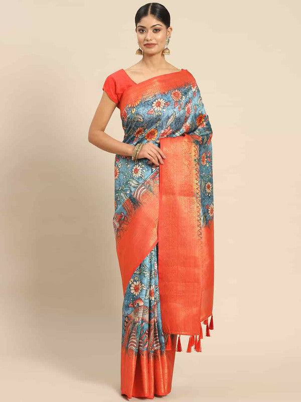 Multicolor Kalamkari printed art silk saree with unstitched blouse piece