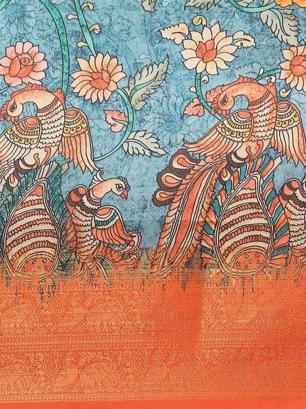 Multicolor Kalamkari Art Silk Saree with Unstitched Blouse