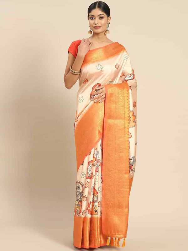 Peach colored art silk Kalamkari printed saree with matching unstitched blouse