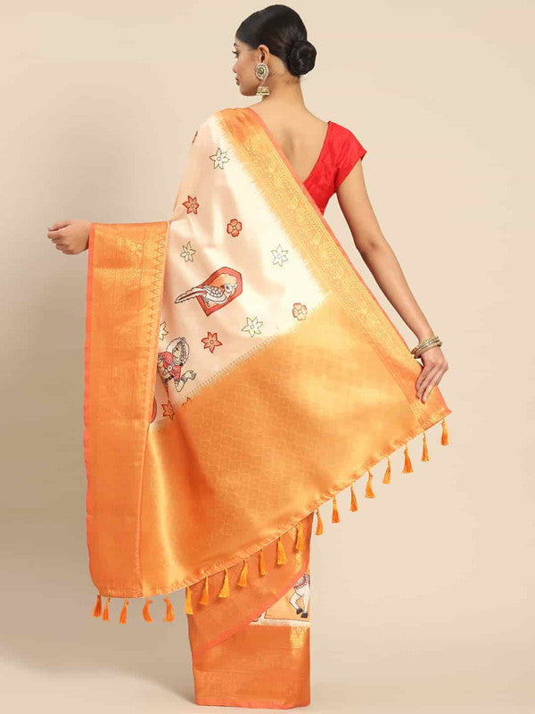 Peach Art Silk Printed Kalamkari Saree with Unstitched Blouse